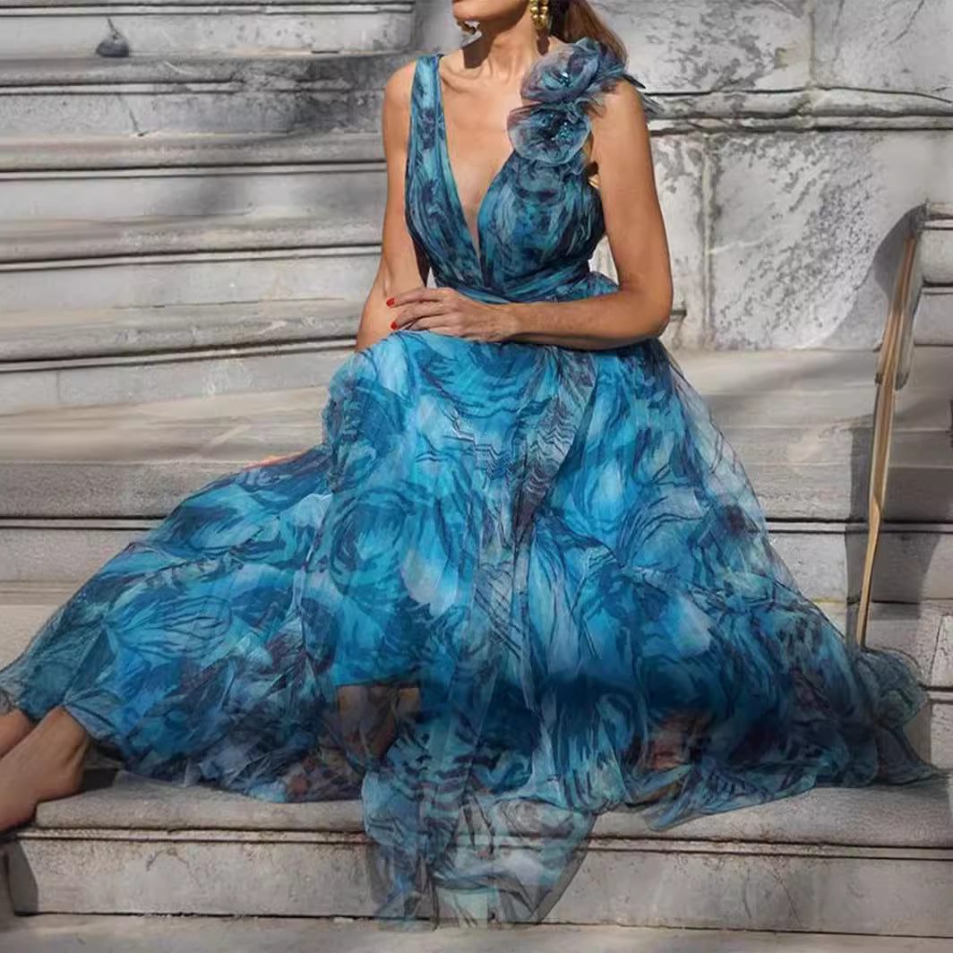 Damen Maxikleid mit romantischen Volantärmeln und floralem Transparenzstoff Drune