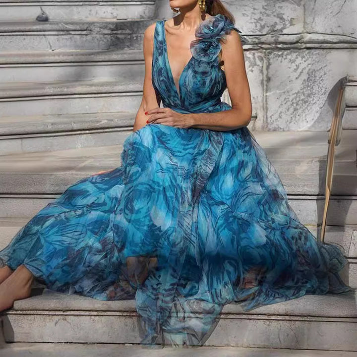 Damen Maxikleid mit romantischen Volantärmeln und floralem Transparenzstoff Drune