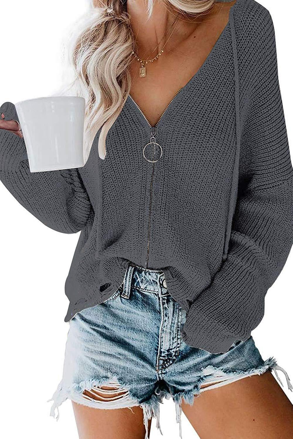 Damen V-Ausschnitt Strickpullover mit durchgehendem Reißverschluss und lässigem Schnitt Drune