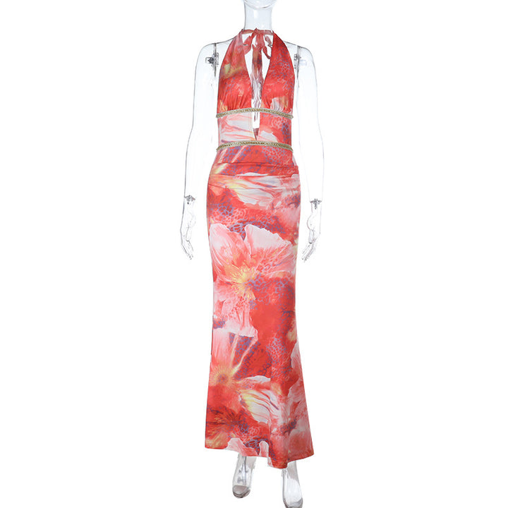 Damen Maxikleid mit floralem Design und tiefem V-Ausschnitt Drune