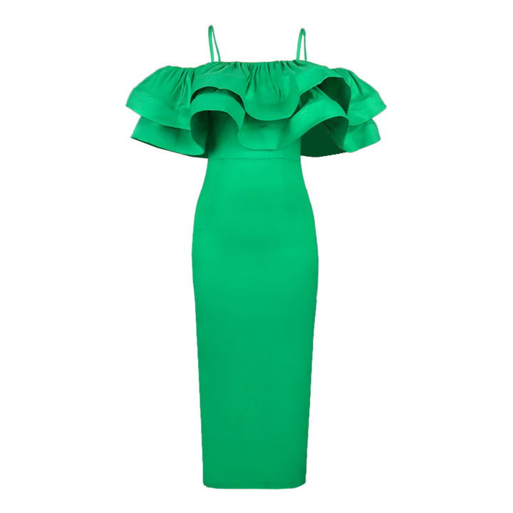 Damen elegantes Satin-Kleid mit voluminösem Rüschensaum Drune