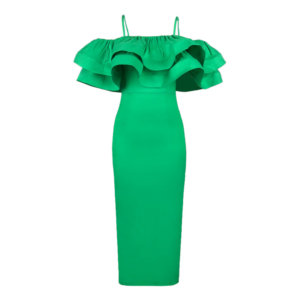 Damen Figurbetontes Satin-Kleid mit voluminösen Rüschen Drune