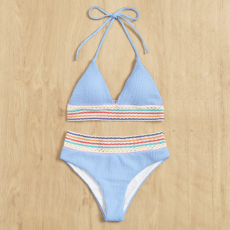 Damen Bikiniset mit hochgeschnittenem Höschen und buntem Wellenmuster Drune