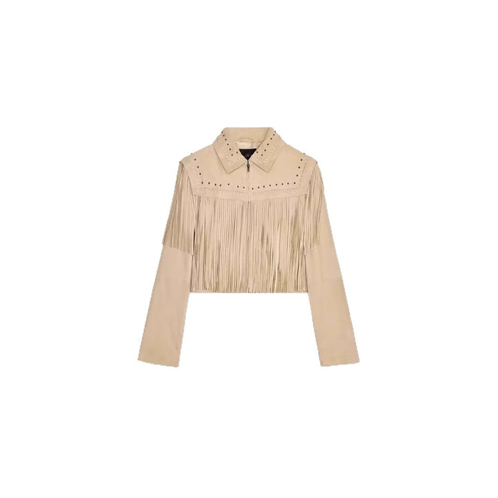 Damen modische Fransenjacke mit steinverziertem Kragen Drune