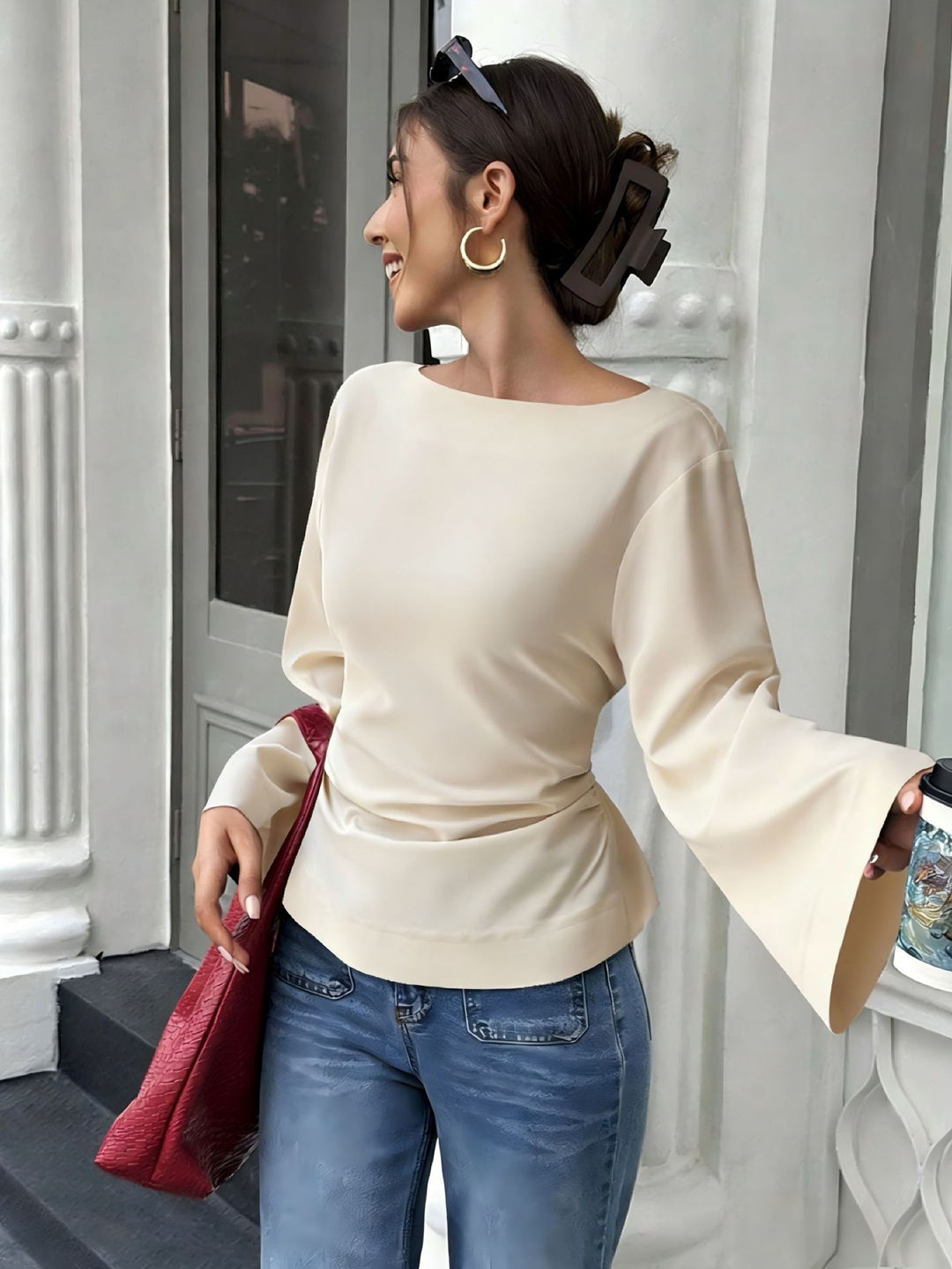 Damen elegantes Oberteil mit weitem Ärmel und schickem Bund Drune