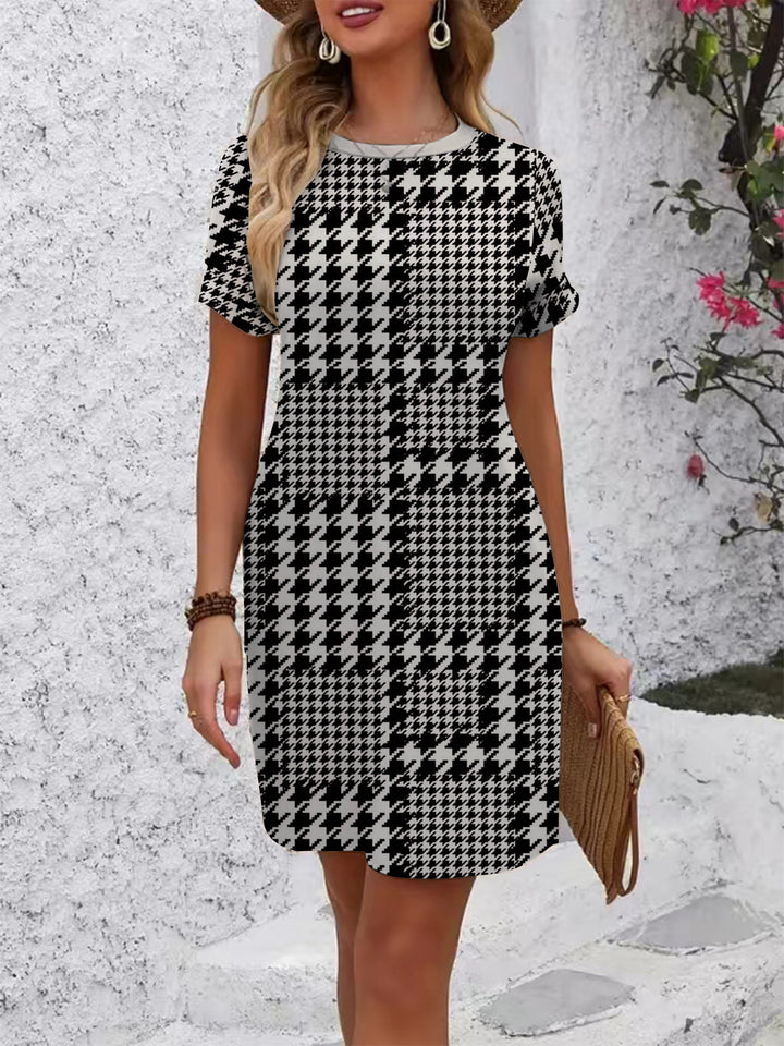 Damen lässiges Kurzarmkleid mit modernem Hahnentrittmuster und bequemer Passform Drune