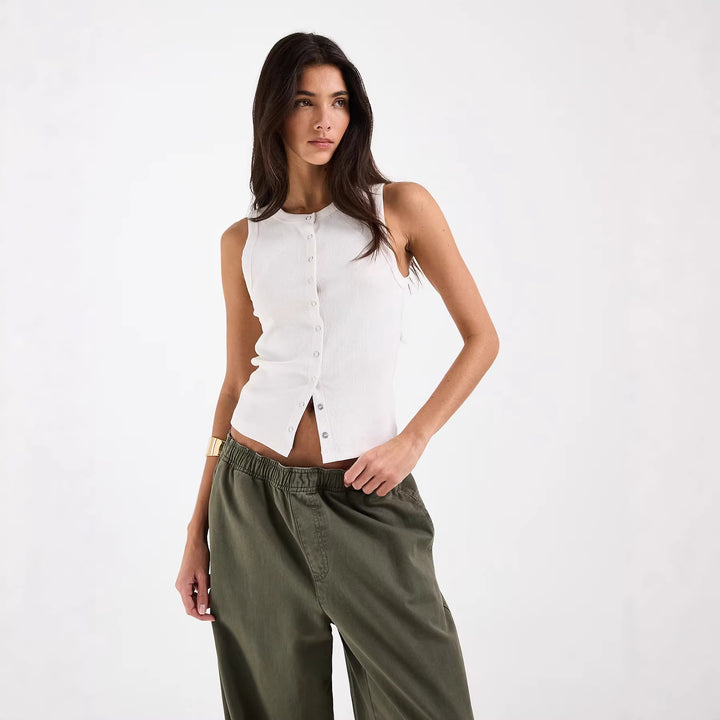Damen Ärmelloses Rippenshirt mit durchgehender Knopfleiste Drune