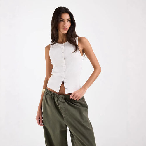 Damen Ärmelloses Rippenshirt mit durchgehender Knopfleiste Drune