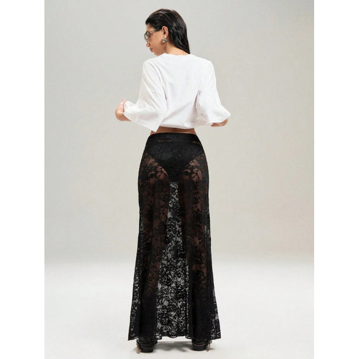 Damen Elegante Spitzenmaxi-Rock mit durchscheinendem Design und seitlichem Schlitz Drune