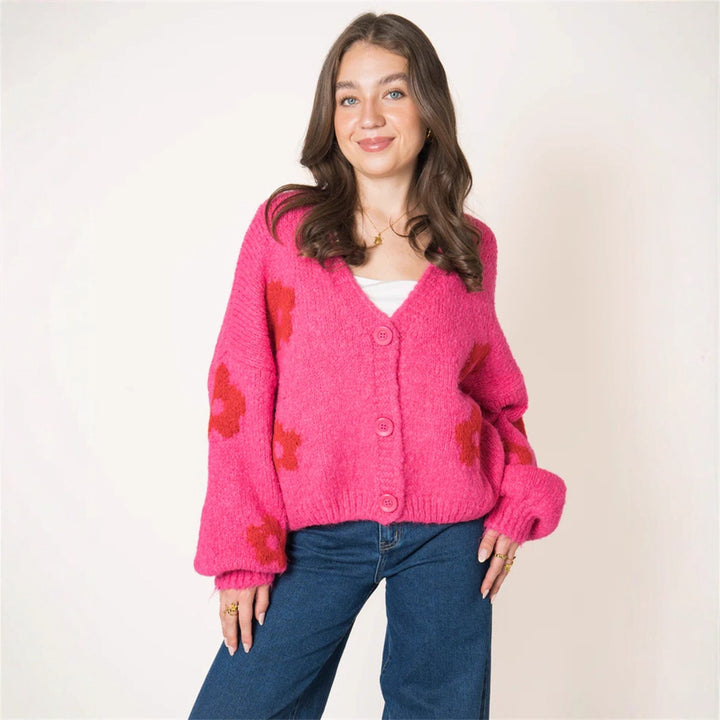 Damen Strickjacke mit floralem Muster und voluminösen Ärmeln Drune