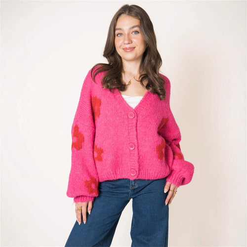 Damen Strickjacke mit floralem Muster und voluminösen Ärmeln Drune