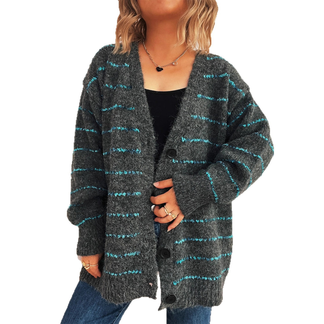 Damen gemütlicher Strickcardigan mit Streifenmuster und großen Knöpfen Drune