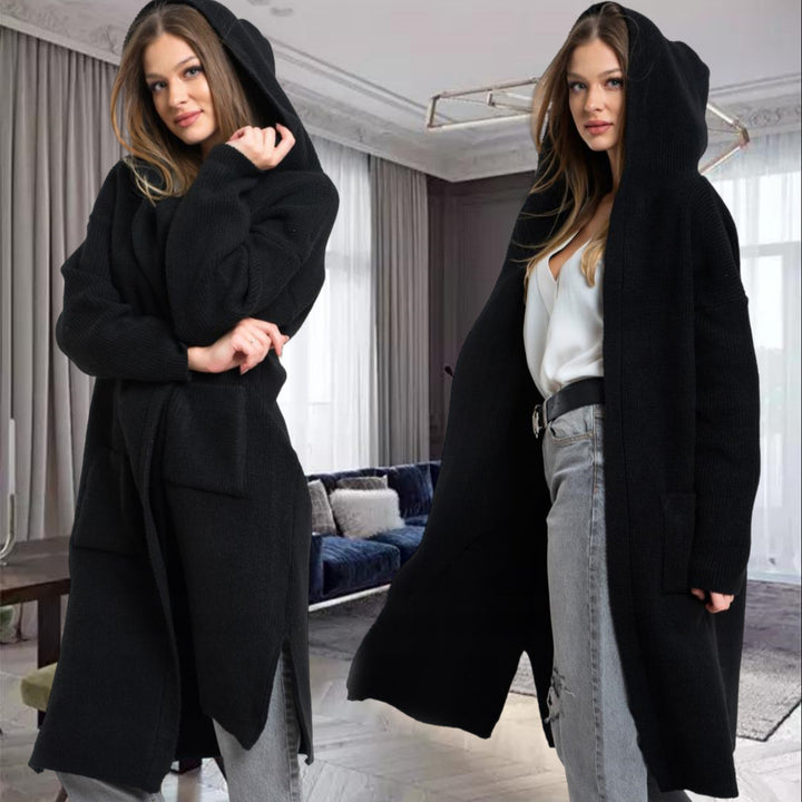 Damen Strickmantel mit Kapuze und großen Taschen Drune