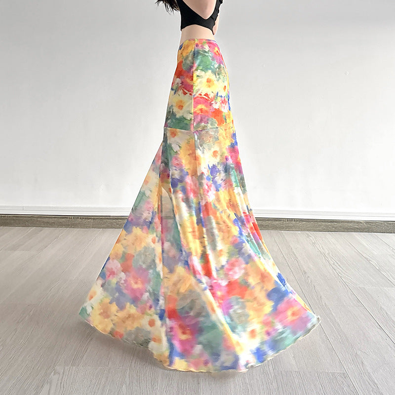 Damen Maxi-Rock mit floralem Chiffon-Design und schwingendem Saum Drune