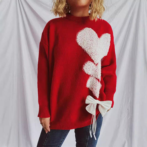 Damen Pullover mit herzförmigem Design und dekorativer Schleife Drune