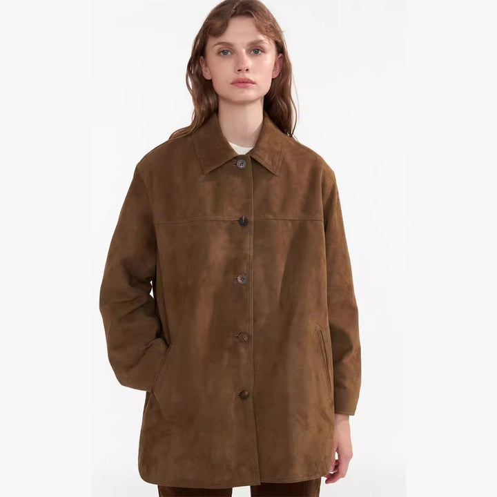 Damen Modische Wildlederjacke mit Button-Up-Verschluss Drune