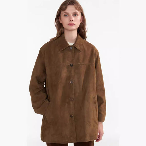 Damen Modische Wildlederjacke mit Button-Up-Verschluss Drune