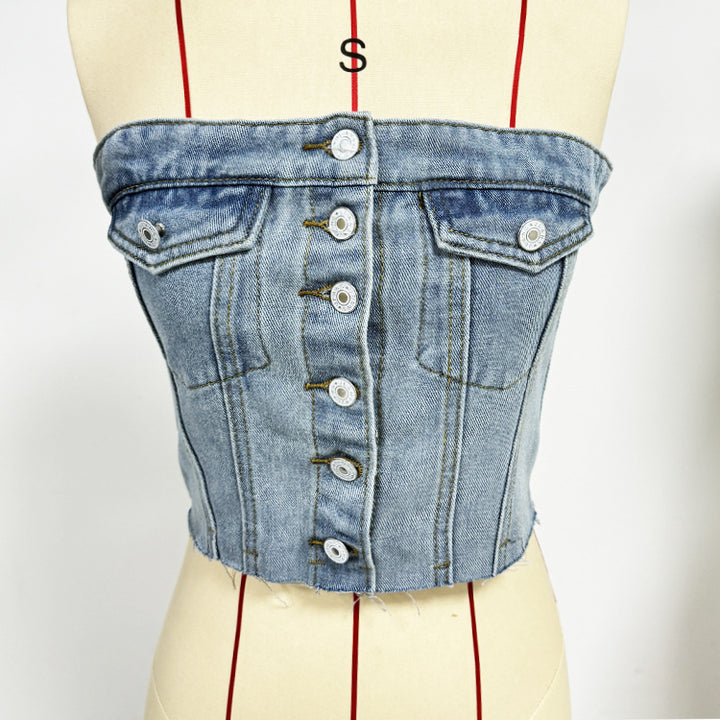Damen Denim Bustier-Top mit Knopfleiste und figurbetontem Schnitt Drune