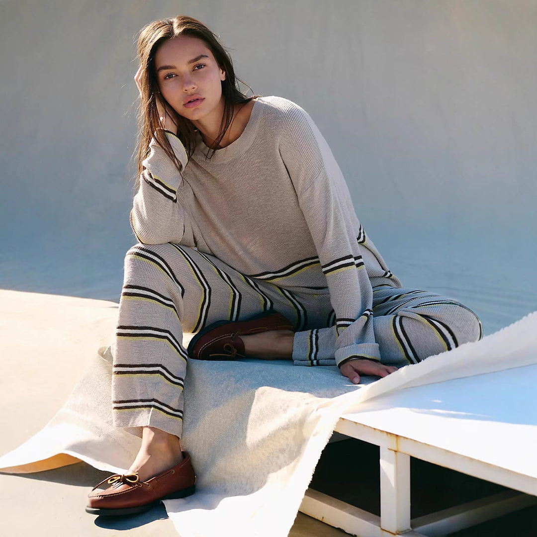 Damen lässiges Streifen-Loungewear-Set mit weit geschnittenem Oberteil und bequemen Hosen Drune