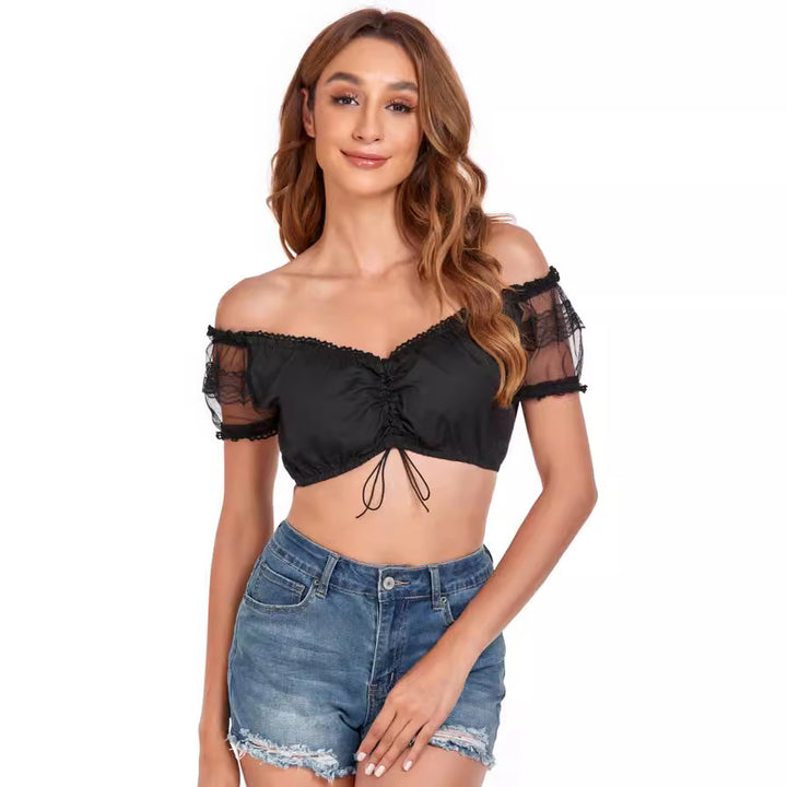 Damen  Dirndlbluse Carmen Ausschnitt mit Spitzenärmeln und Bindeband Drune