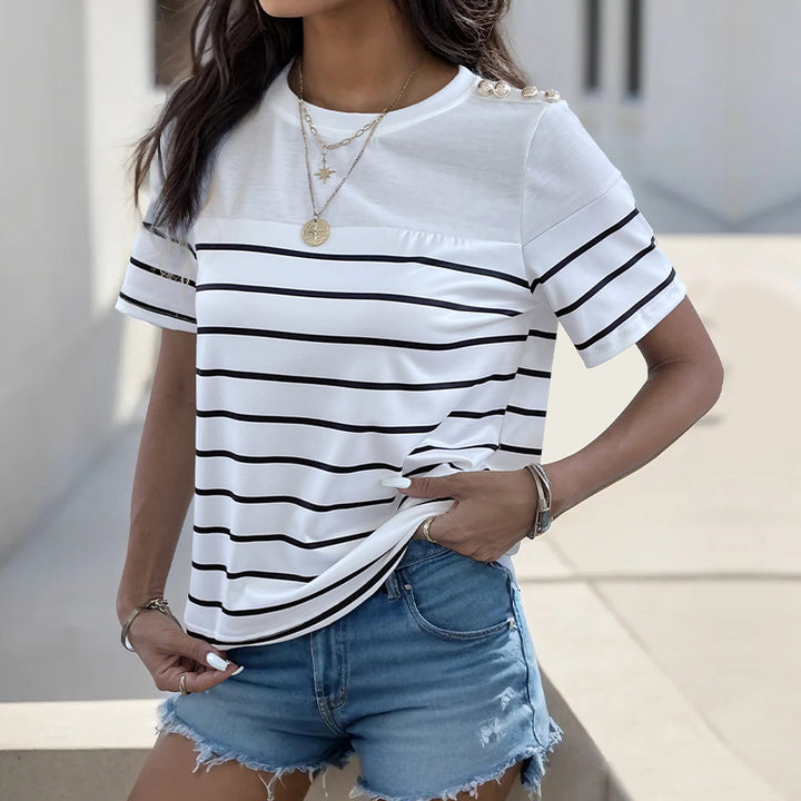 Damen gestreiftes T-Shirt mit dekorativen Knopfdetails Drune