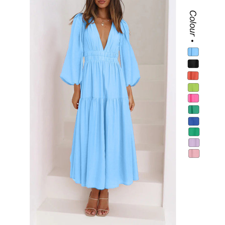 Damen Langarm Maxikleid mit tiefem V-Ausschnitt und weitem Rock Drune