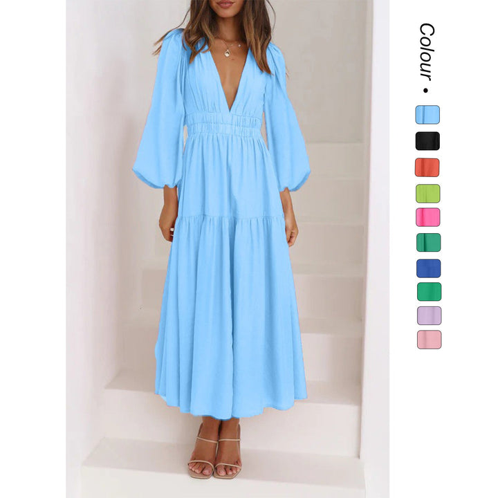 Damen Langarm Maxikleid mit tiefem V-Ausschnitt und weitem Rock Drune
