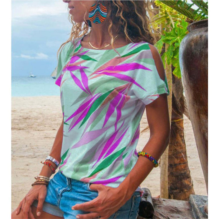 Damen T-Shirt mit asymmetrischem Schnitt und buntem Blattmotiv Drune