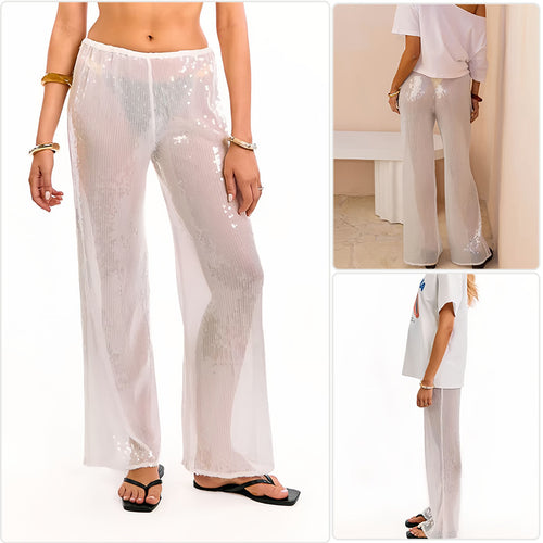 Damen Elegante Pailletten-Hose mit transparentem Chiffon und weitem Schnitt Drune