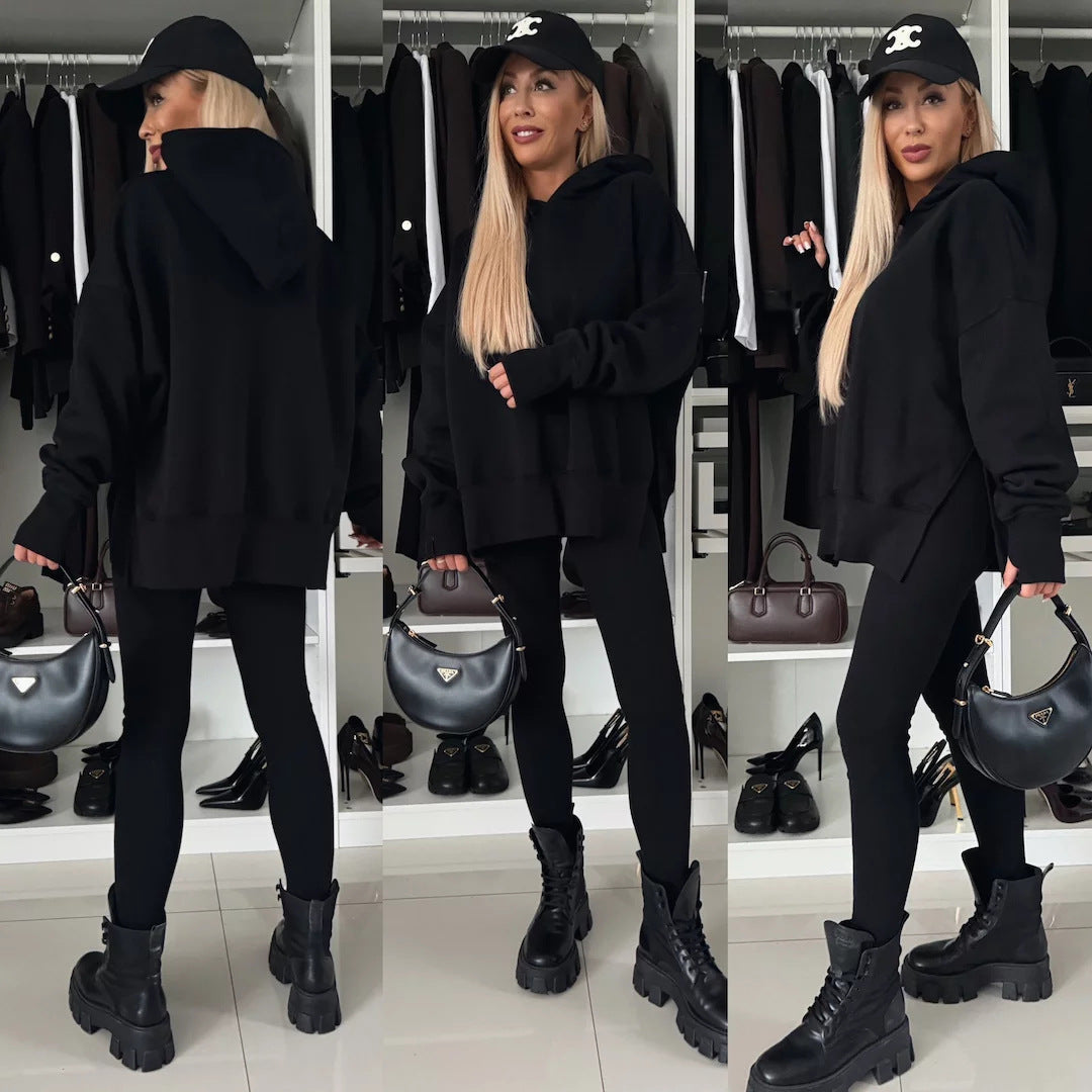 Damen nan oversized Kapuzenpullover mit Leopardenprint, kontrastbündchen und verlängertem Rückensaum Drune