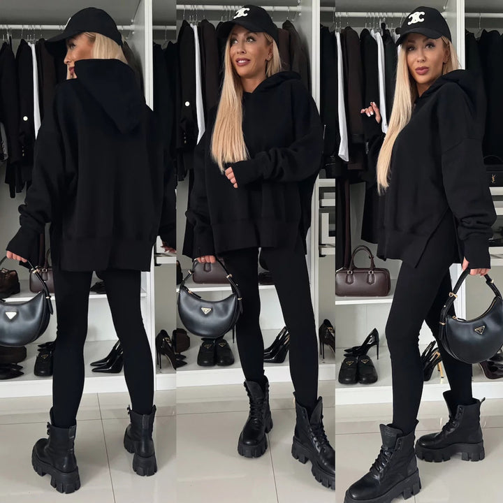 Damen nan oversized Kapuzenpullover mit Leopardenprint, kontrastbündchen und verlängertem Rückensaum Drune