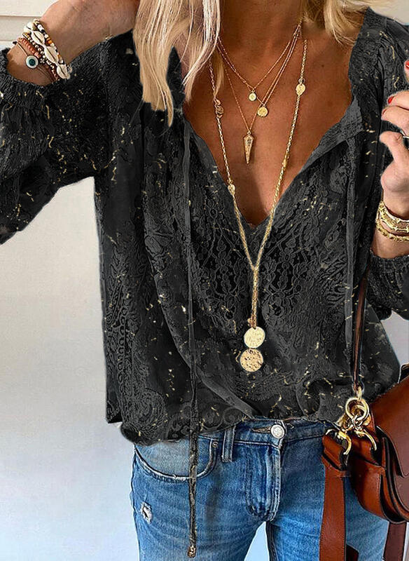 Damen Elegante und feminine Bluse mit V-Ausschnitt und Spitzenakzenten Drune