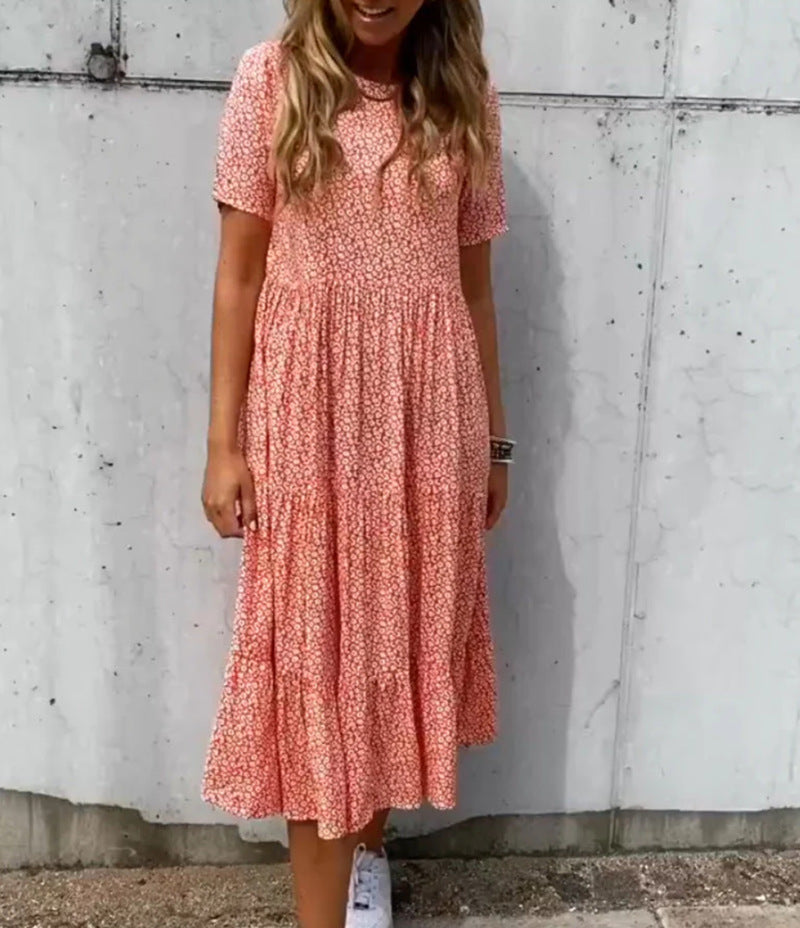 Damen nan geblümtes gekrepptes Midikleid mit geraffter Empire-Taille, kurzen Ärmeln und stufigem Volantrock Drune