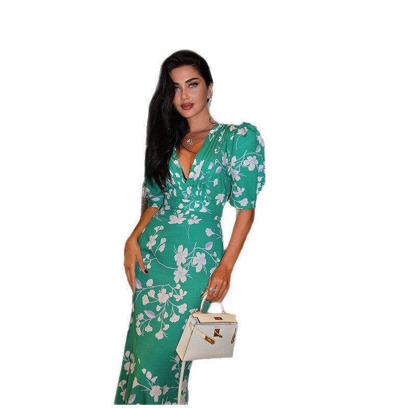 Damen Maxi-Kleid mit floralem Muster und V-Ausschnitt Drune