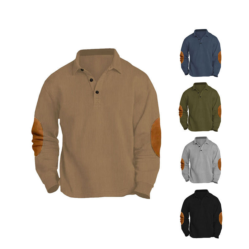Herren nan legeres Langarm-Poloshirt mit Hemdkragen, kurzer Knopfleiste, feiner Struktur und Velours-Ellenbogenbesatz Drune