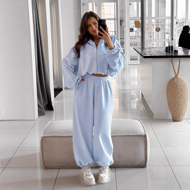 Damen nan oversized Kapuzenjacke mit durchgehendem Reißverschluss und Highwaist Gummibund-Jogginghose Set Drune