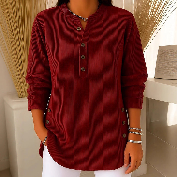 Damen nan plissee Tunika-Bluse mit Stehkragen, Knopfleiste und seitlichen Zierknöpfen Drune