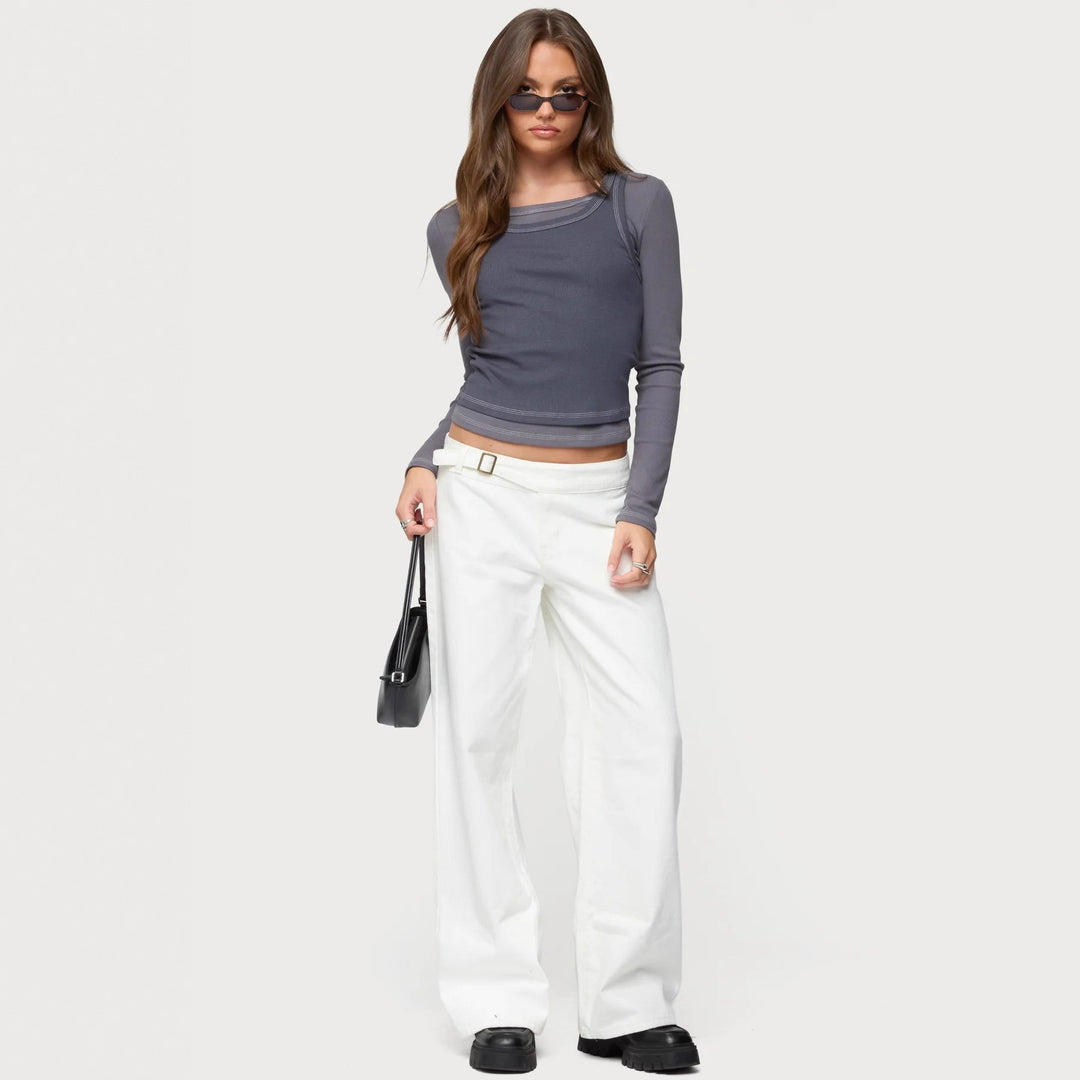 Damen Langarm-Crop-Top mit modischem Farbkontrast und nahtloser Verarbeitung Drune