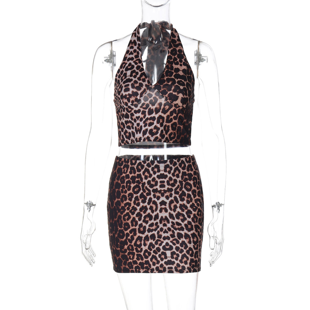 Damen Leo-Muster Crop Top und Minirock Set Drune