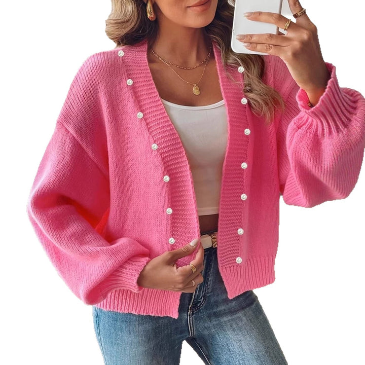Damen nan Strickcardigan mit Perlenknöpfen und Balloon-Ärmeln Drune
