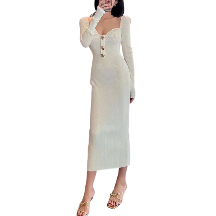 Damen Elegantes Strickkleid mit leichtem V-Ausschnitt und Goldknöpfen Drune