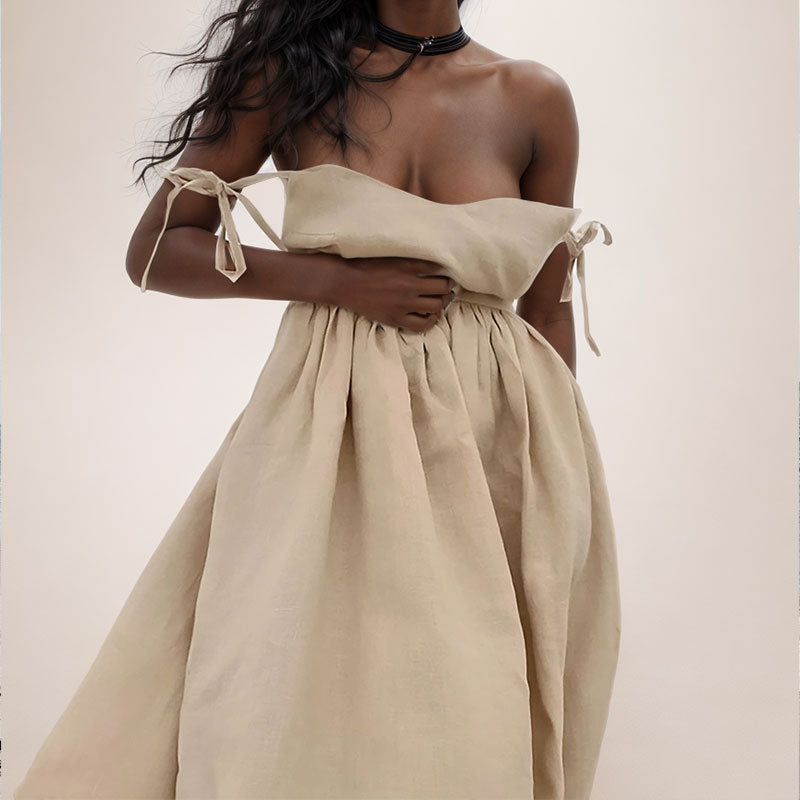 Damen Langes Leinenkleid mit tiefem V-Ausschnitt und taillierter Taille Drune