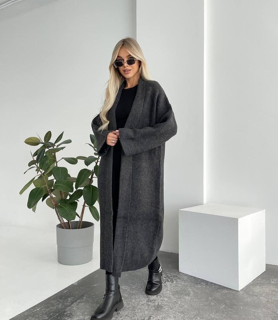 Damen Lange Strickjacke mit tiefem Kragen Drune