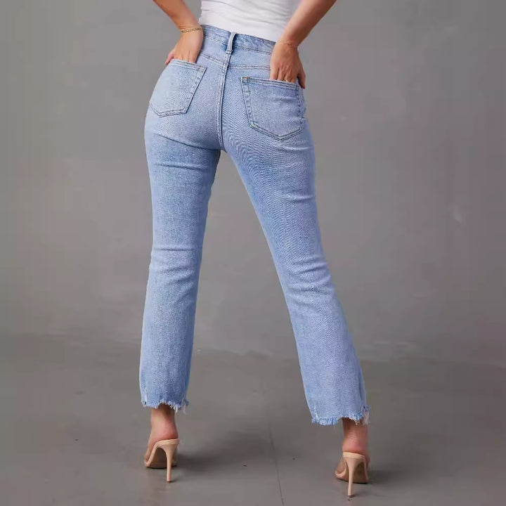 Damen modische Hochwasser Jeans im lässigen Vintage-Stil mit fransigem Saum Drune