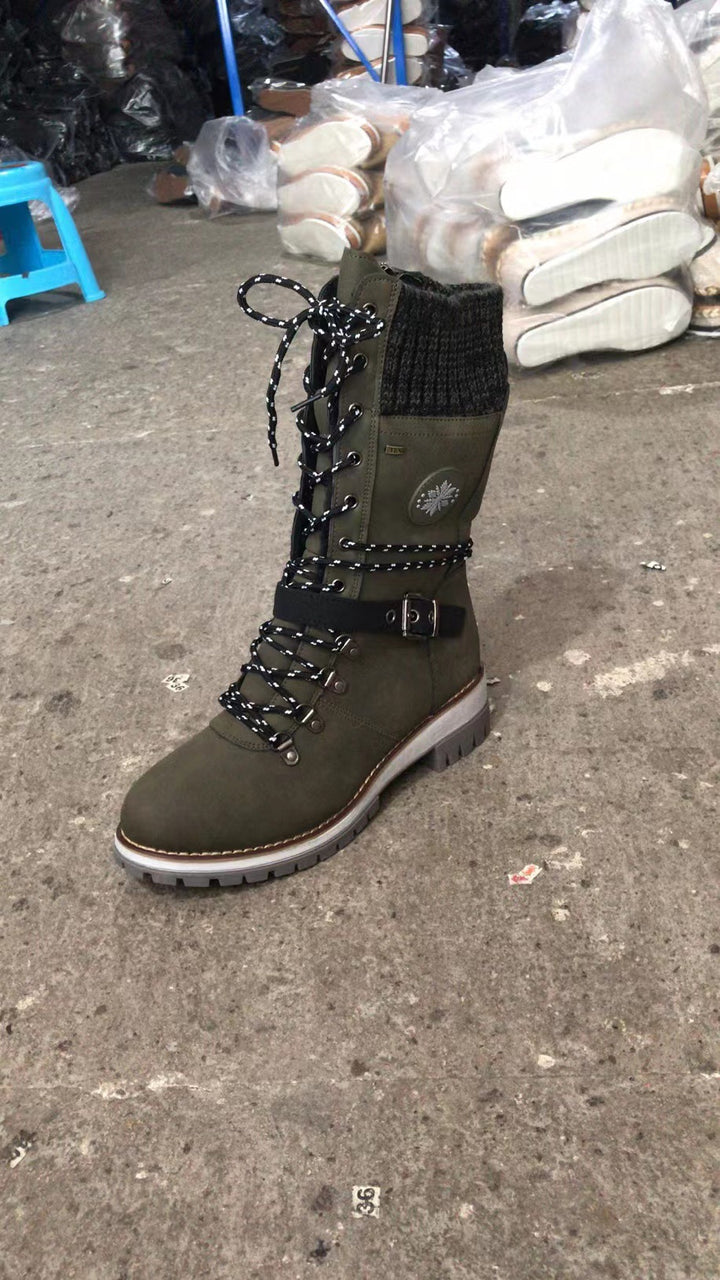 Damen nan modischer Mid-Calf Schnürstiefel mit seitlichem Reißverschluss, gestrickter Manschette und profilierter Gummilaufsohle Drune