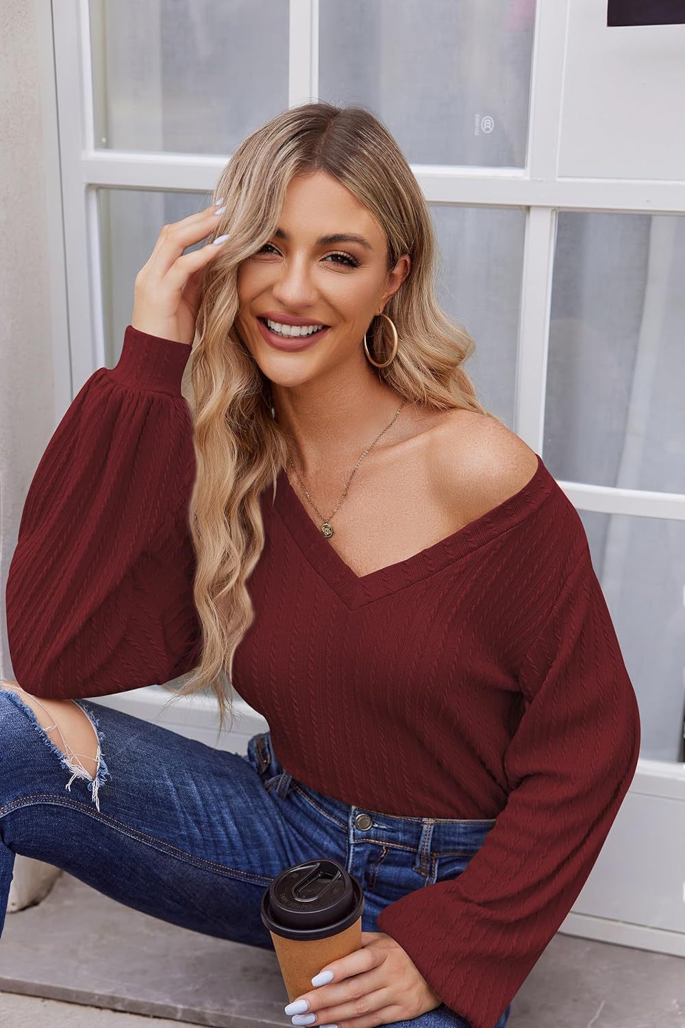 Damen Strickbluse mit feiner Rippstruktur und lässigem V-Ausschnitt Drune