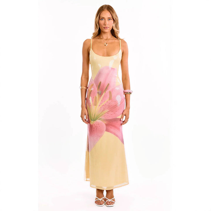 Damen Maxi-Kleid mit floralen Akzenten und glamourösem Glitzerstoff Drune
