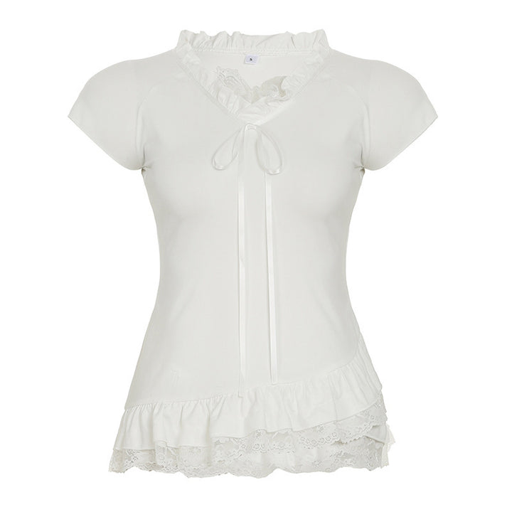 Damen Elegantes Rüschentop mit femininer Schnürung und zarten Spitzenakzenten Drune