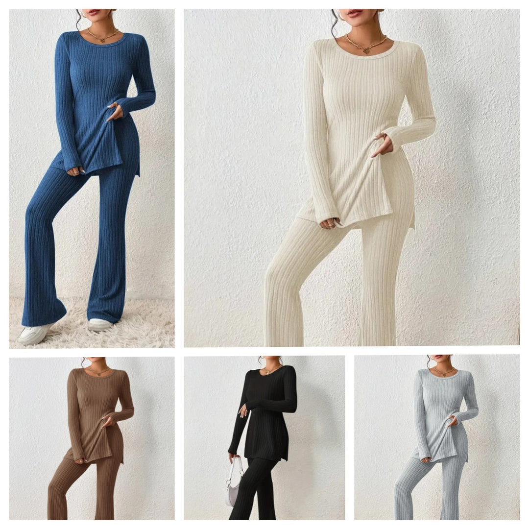 Damen Fein geripptes Lounge-Set mit langen Ärmeln und ausgestellten Beinen Drune