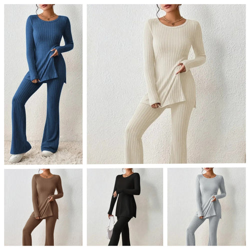 Damen Fein geripptes Lounge-Set mit langen Ärmeln und ausgestellten Beinen Drune